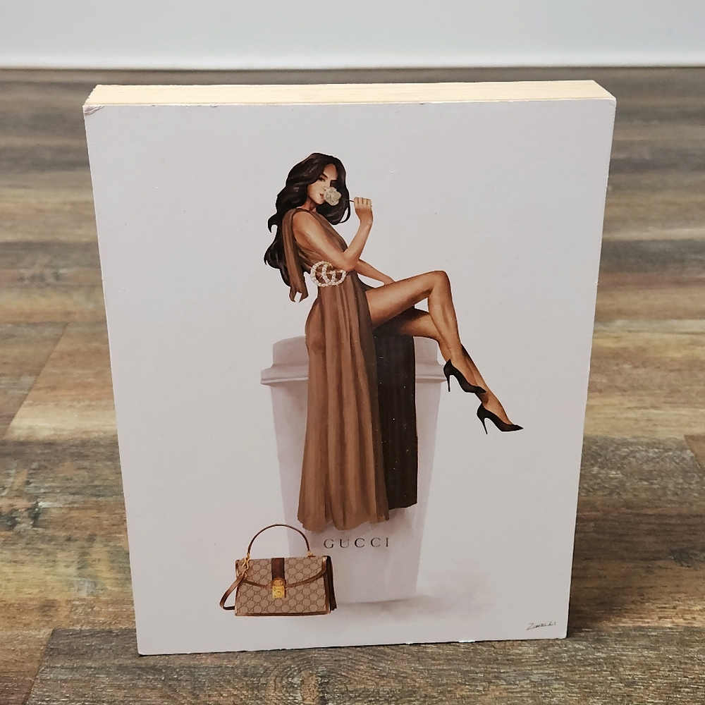 Wood Framed Print Glam Brand Fashion Girl ON Guccic Coffee Cup